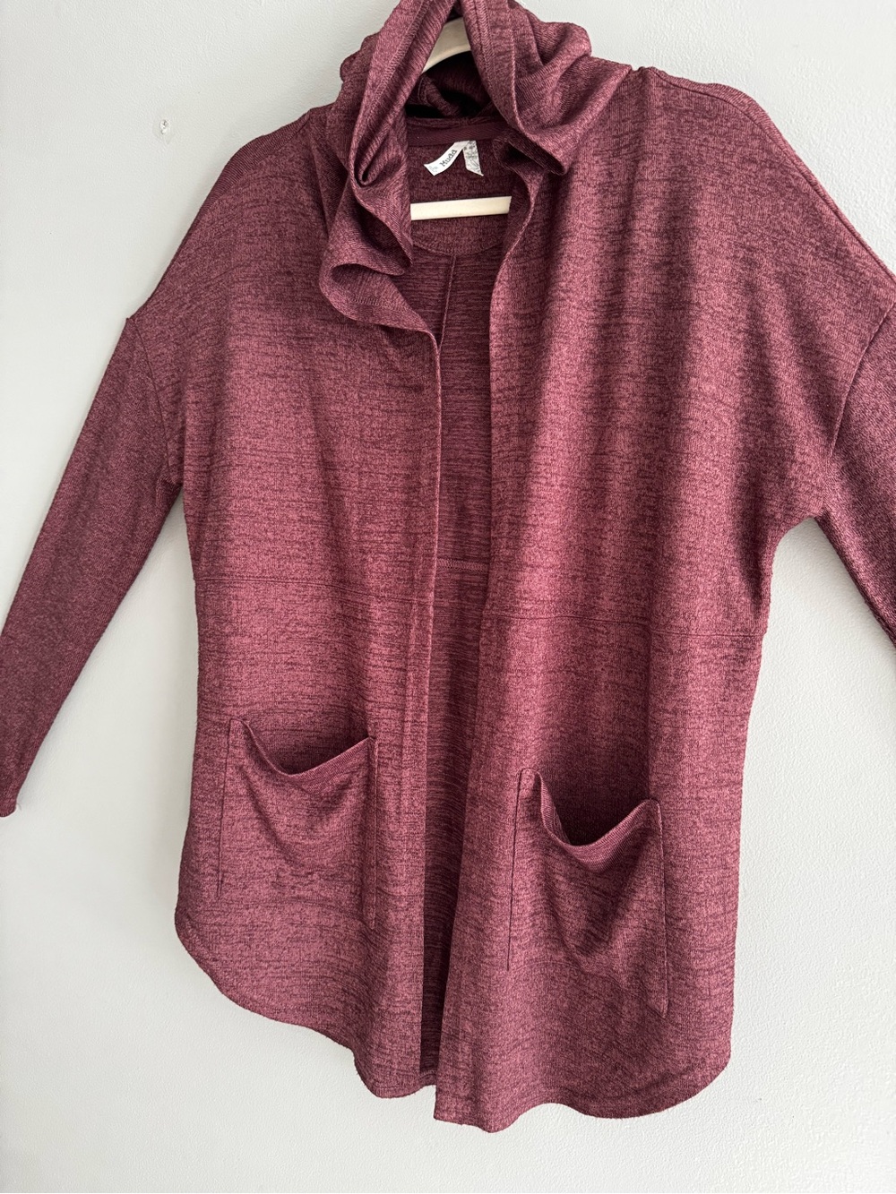 Mudd Open-Front Cozy Hooded Cardigan in marled raisin